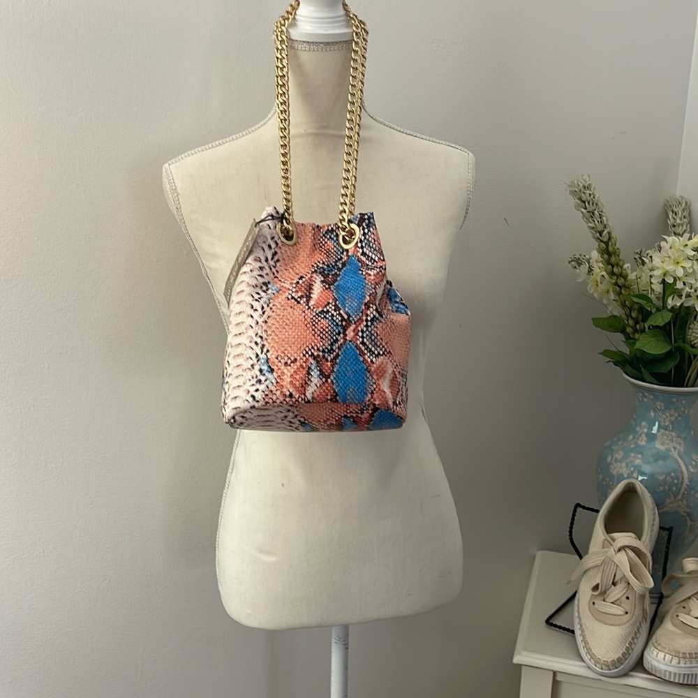 Peach,Blue And Black Python Draw String Mini Bag - image 1